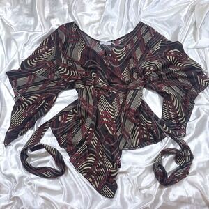 y2k Wrap Top Black Red Excellent Abstract Geometric Print Jamie Nicole Blouse